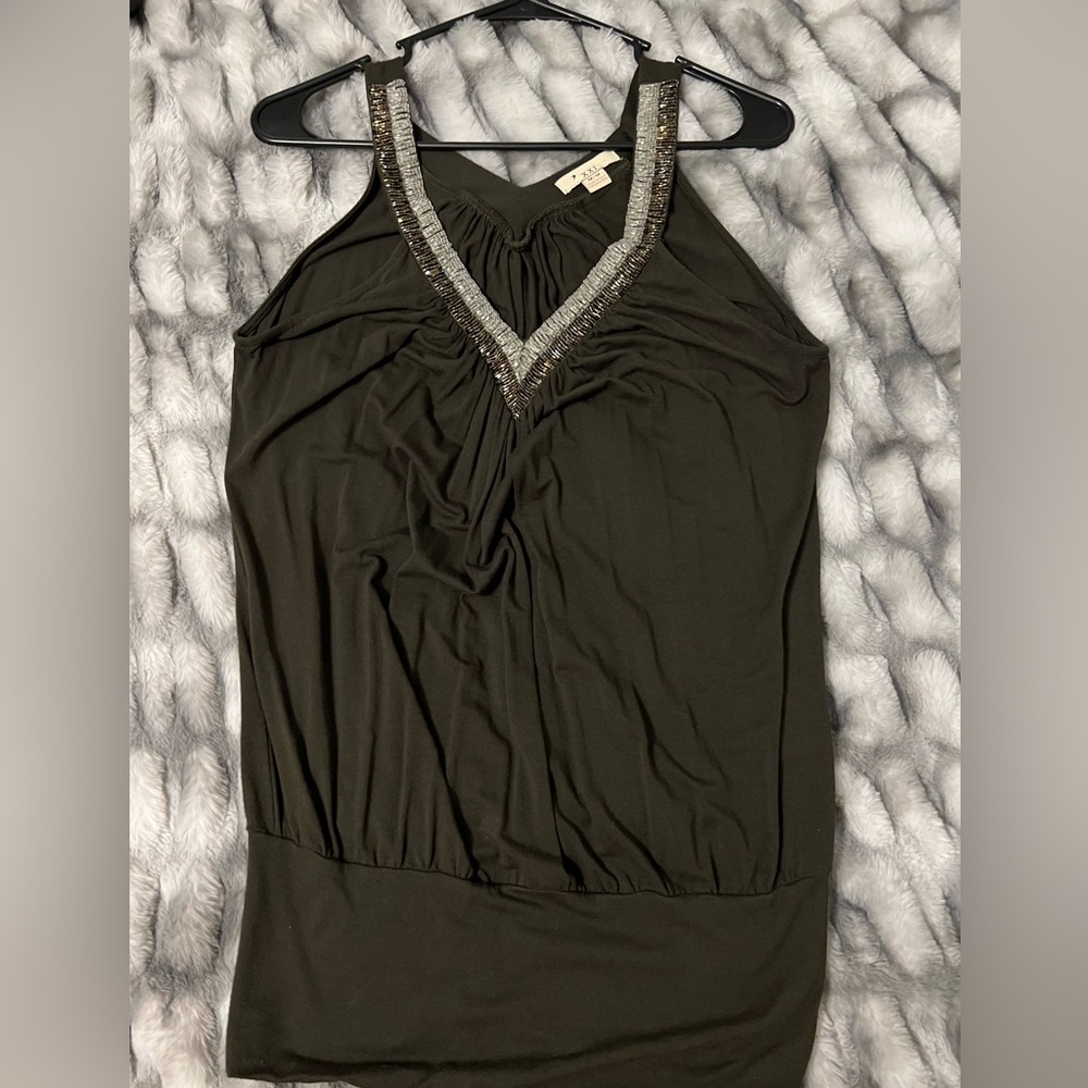 Olive green top with beading around the neck line- size M